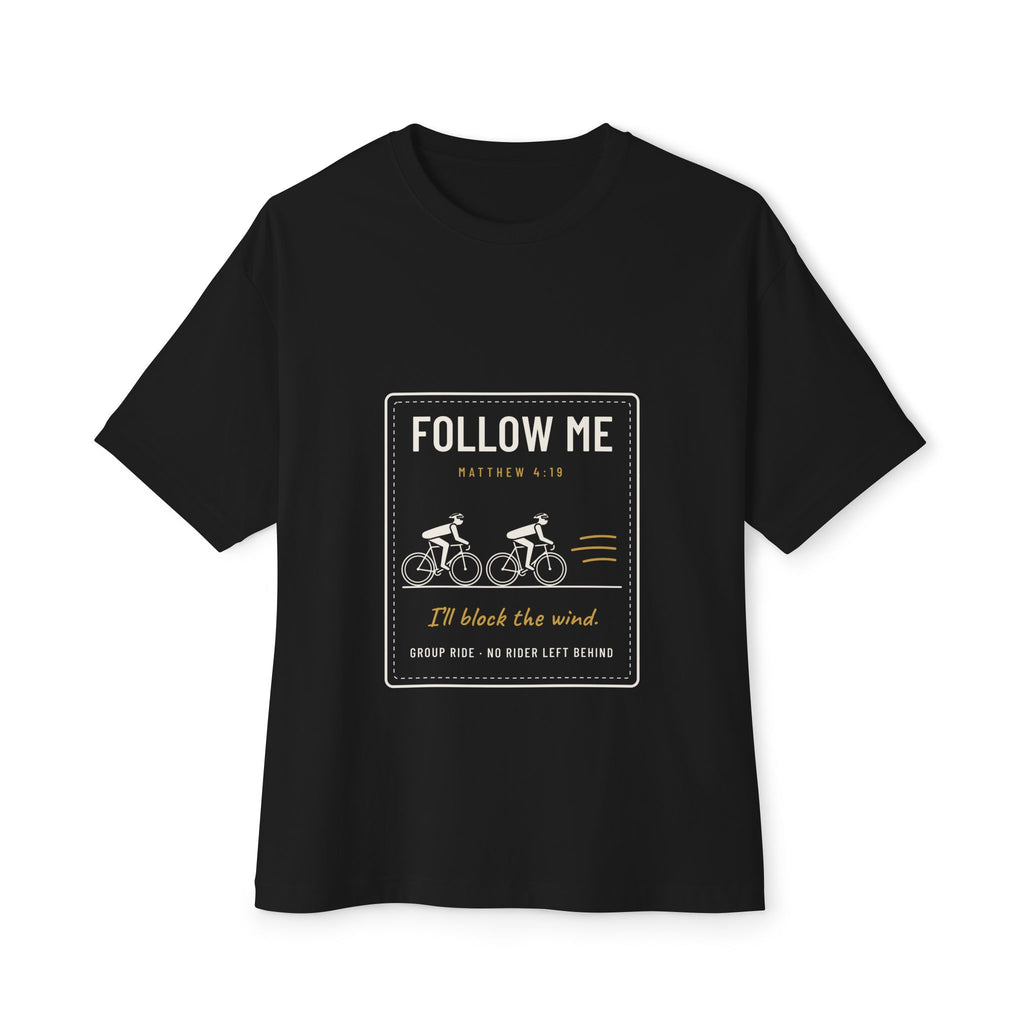 Follow Me (I'll Block the Wind) Cycling Tee, Black, front view, FOLLOW ME. (I'LL BLOCK THE WIND.) Matthew 4:19 (KJV)