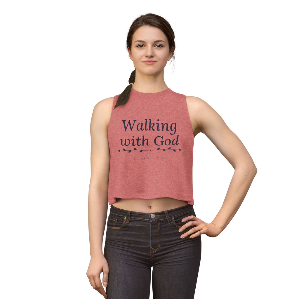 Walking With God Crop Tank, crop tank, Heather Mauve, front view, worn by a woman, WALKING WITH GOD., Genesis 5:24 (KJV)