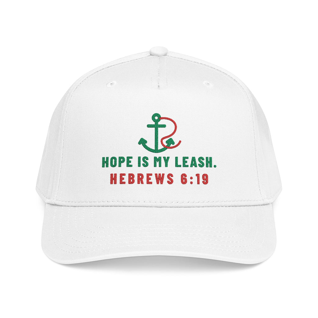 Hope Is My Leash Cap, White, front view, HOPE IS MY LEASH. Hebrews 6:19 (KJV)