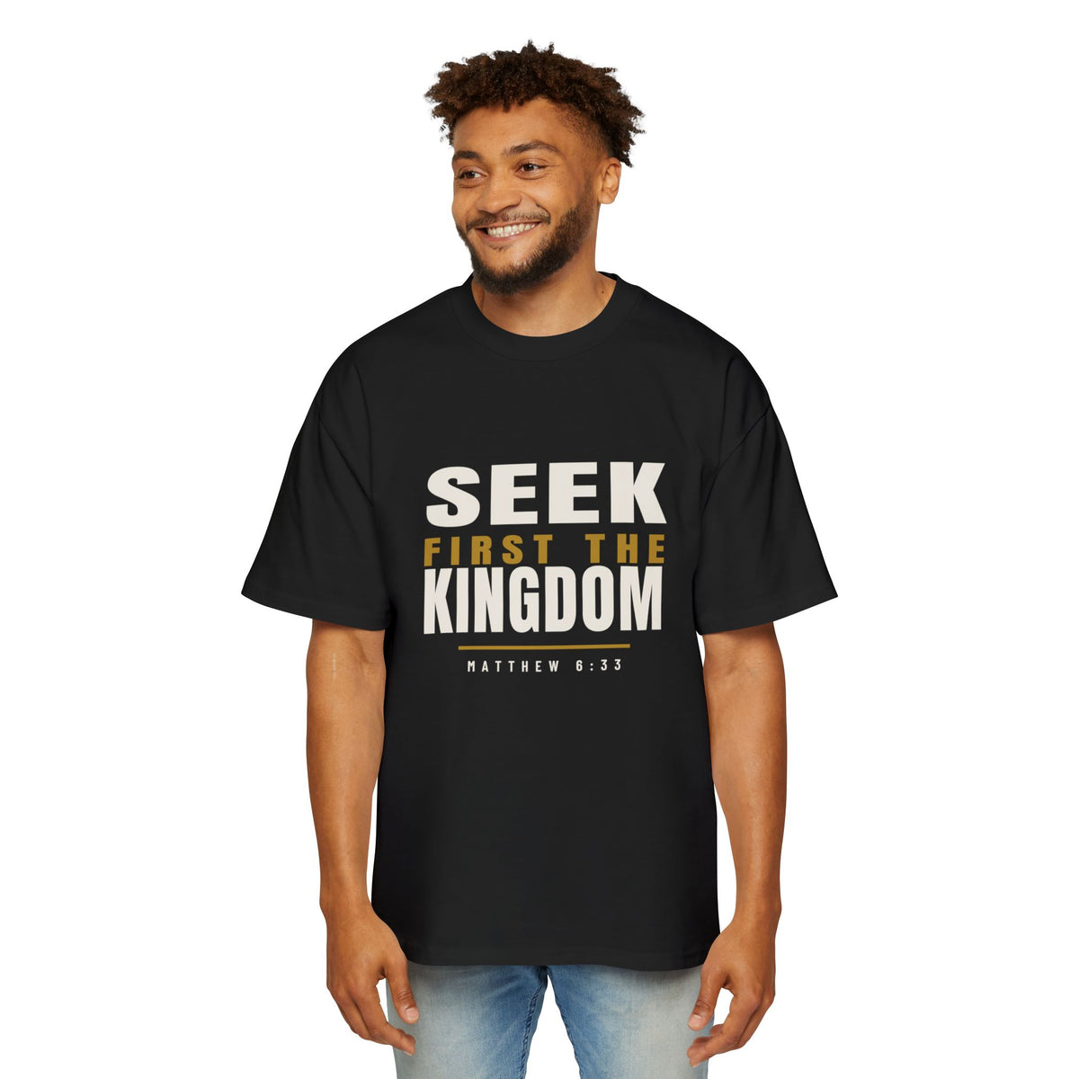 Seek First Block Oversized Tee, t-shirt, Black, front view, worn, SEEK FIRST., Matthew 6:33 (KJV)