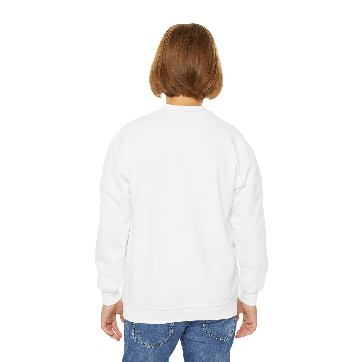 Ay Bendito, Pero Con Fe Youth Crewneck, youth crewneck sweatshirt, White, back view, worn by a child, AY BENDITO, PERO CON FE., Isaiah 41:10 (KJV)