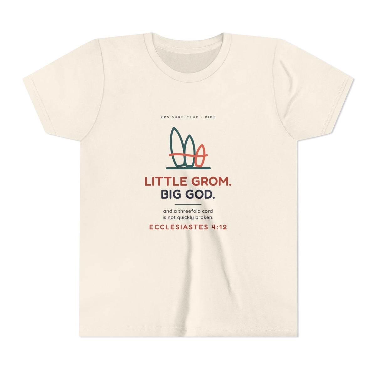 Little Grom. Big God. Youth Tee, Natural, front view, LITTLE GROM. BIG GOD. Ecclesiastes 4:12 (KJV)