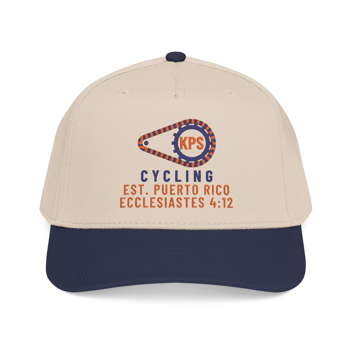 KPS Cycling Club Cap, Navy / Natural, front view, KPS CYCLING CLUB. Ecclesiastes 4:12 (KJV)