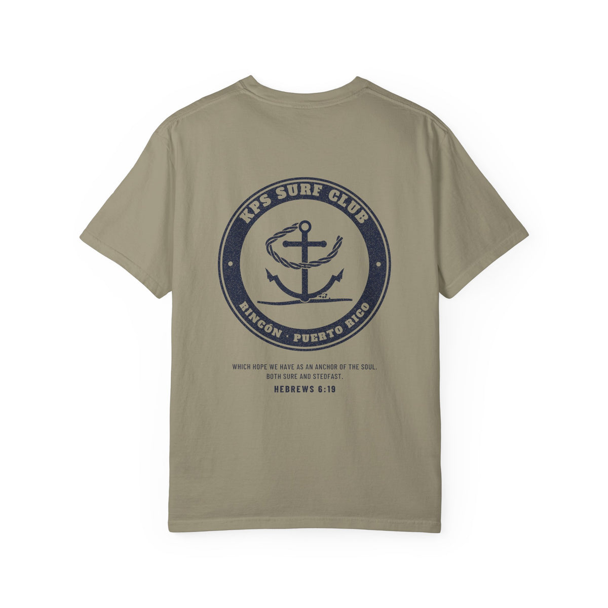 KPS Surf Club Anchor Tee, Sandstone, back view, KPS SURF CLUB. Hebrews 6:19 (KJV)