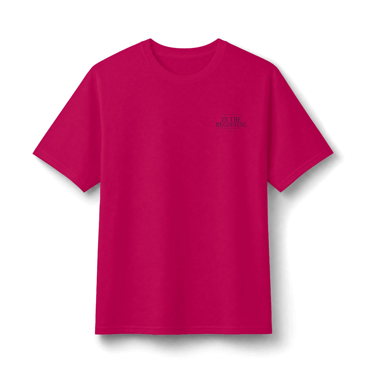 In The Beginning Tee in Cyber Pink, front view: small IN THE BEGINNING chest print, Genesis 1:1 (KJV)