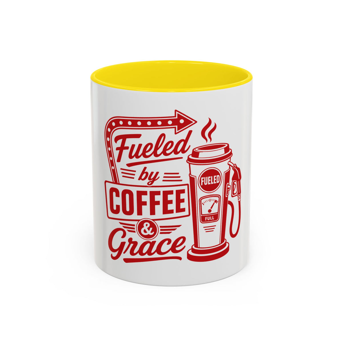 Fueled by Coffee & Grace Mug, mug, Yellow inside and handle, front view, FUELED BY COFFEE & GRACE., 2 Corinthians 12:9 (KJV)