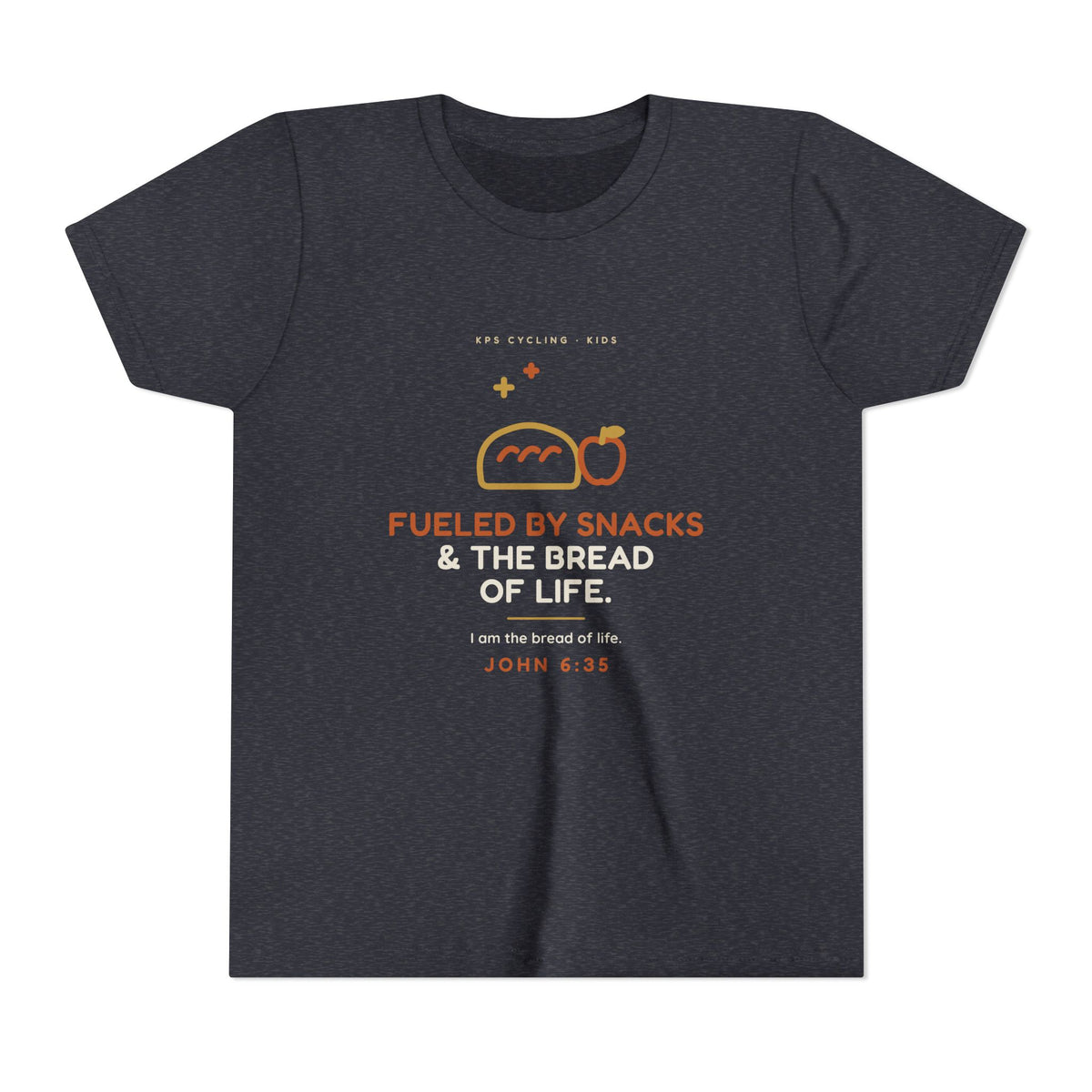 Fueled by Snacks & the Bread of Life Youth Tee, Heather Navy, front view, FUELED BY SNACKS & THE BREAD OF LIFE. John 6:35 (KJV)