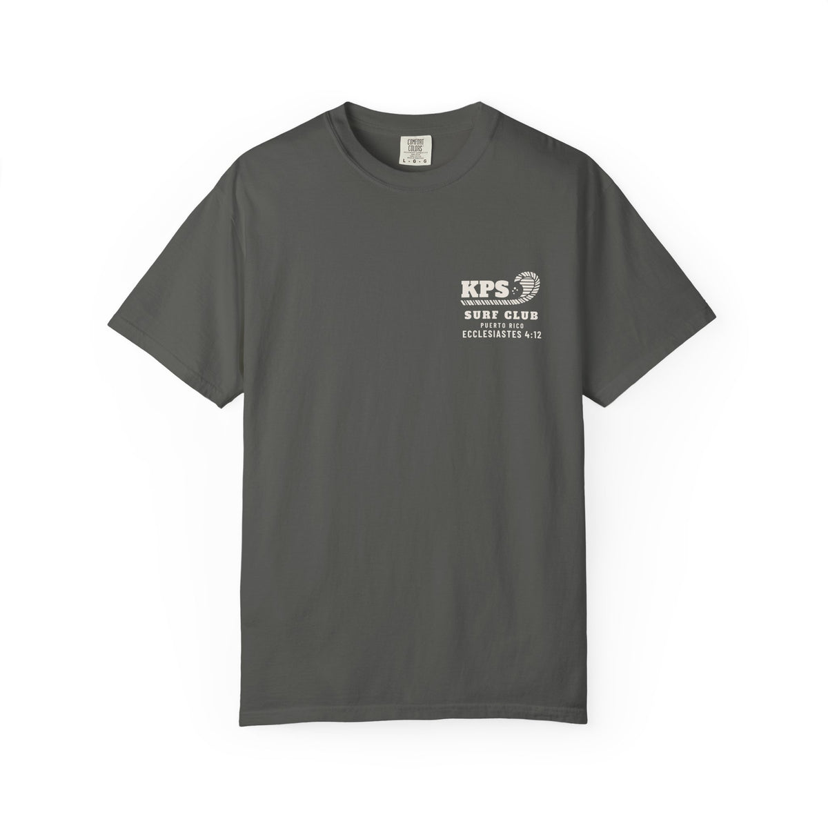 God Greater Than Waves Surf Tee, Pepper, front view, GOD > WAVES. Psalm 93:4 (KJV)