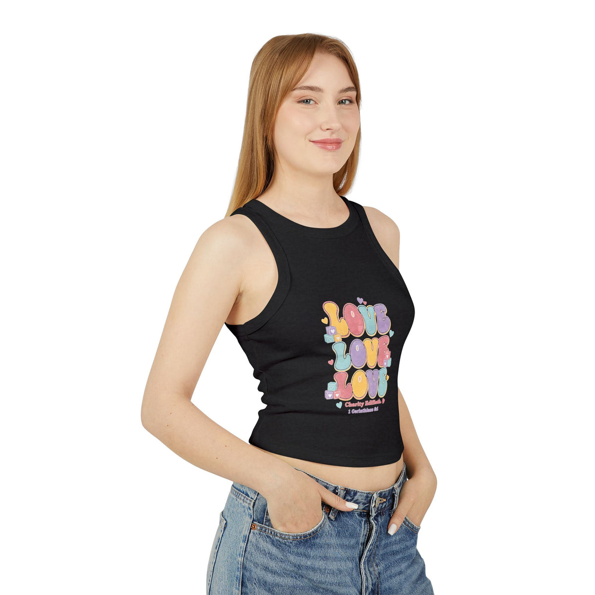 Love Love Love Tank, tank top, Solid Black Blend, front view, worn by a woman, LOVE, LOVE, LOVE., 1 Corinthians 8:1 (KJV)