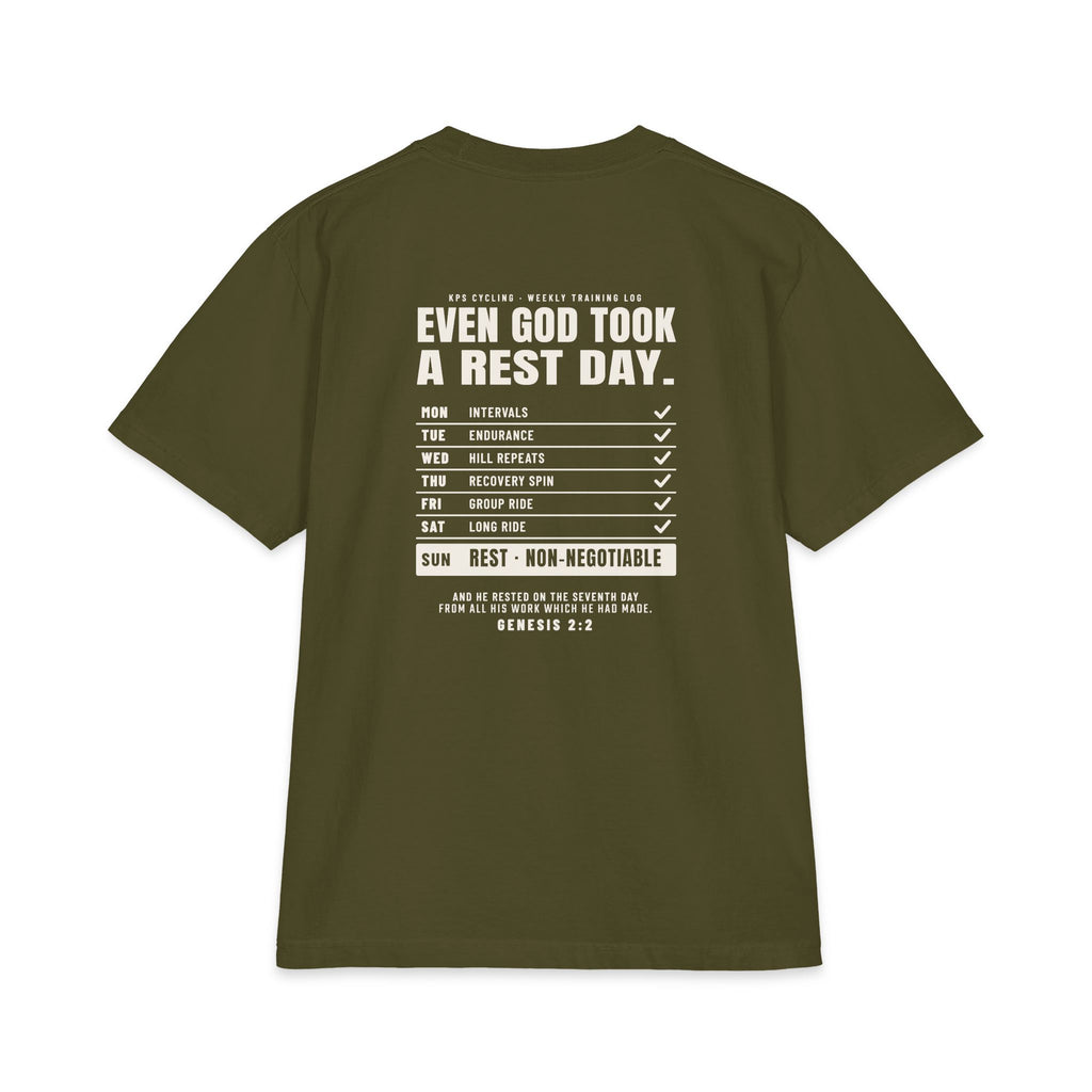 Even God Took a Rest Day Cycling Tee, Olive, back view, EVEN GOD TOOK A REST DAY. Genesis 2:2 (KJV)