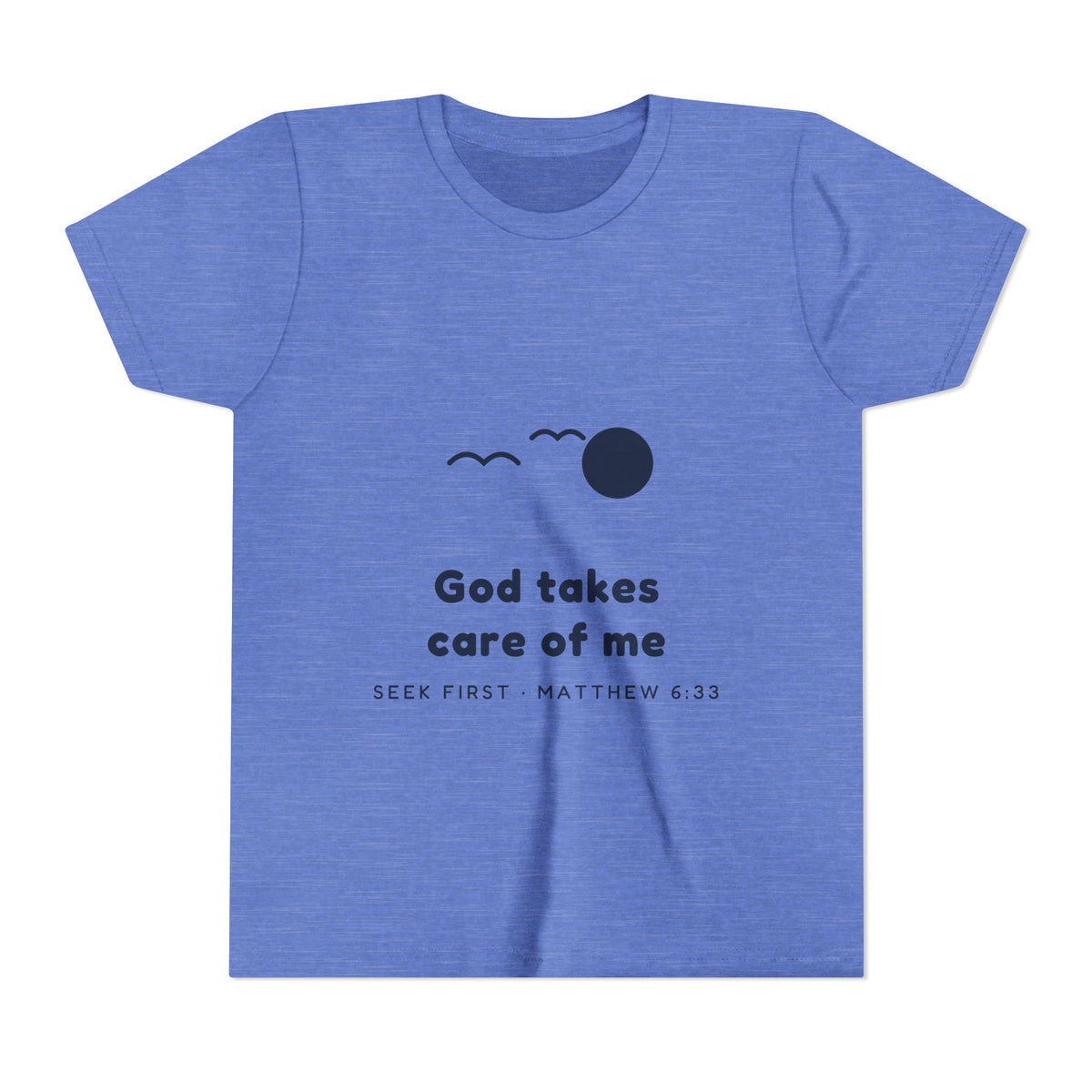 God Takes Care of Me Youth Tee, youth tee, Heather Columbia Blue, front view, GOD TAKES CARE OF ME, SEEK FIRST, Matthew 6:33 (KJV)