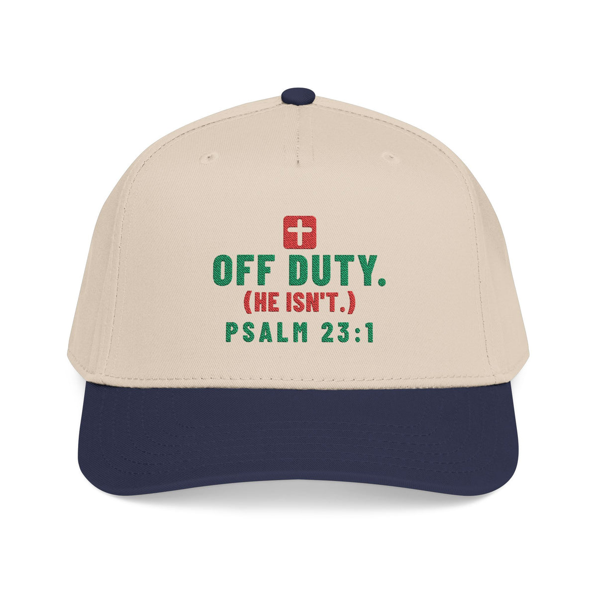 Off Duty (He Isn't) Cap, Navy / Natural, front view, OFF DUTY. (HE ISN'T.) Psalm 23:1 (KJV)