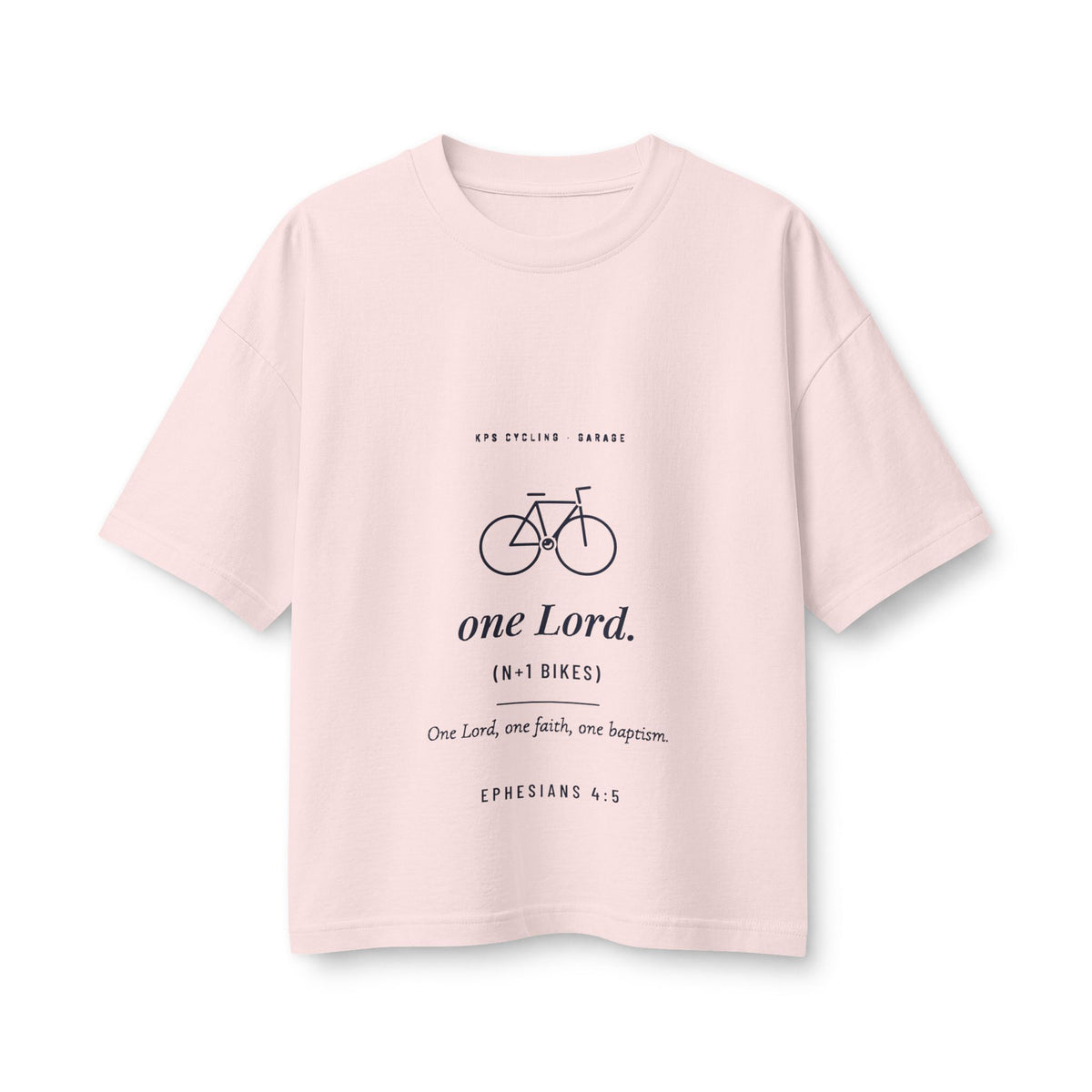 One Lord N+1 Bikes Women's Boxy Tee, Soft Pink, front view, ONE LORD. (N+1 BIKES.) Ephesians 4:5 (KJV)