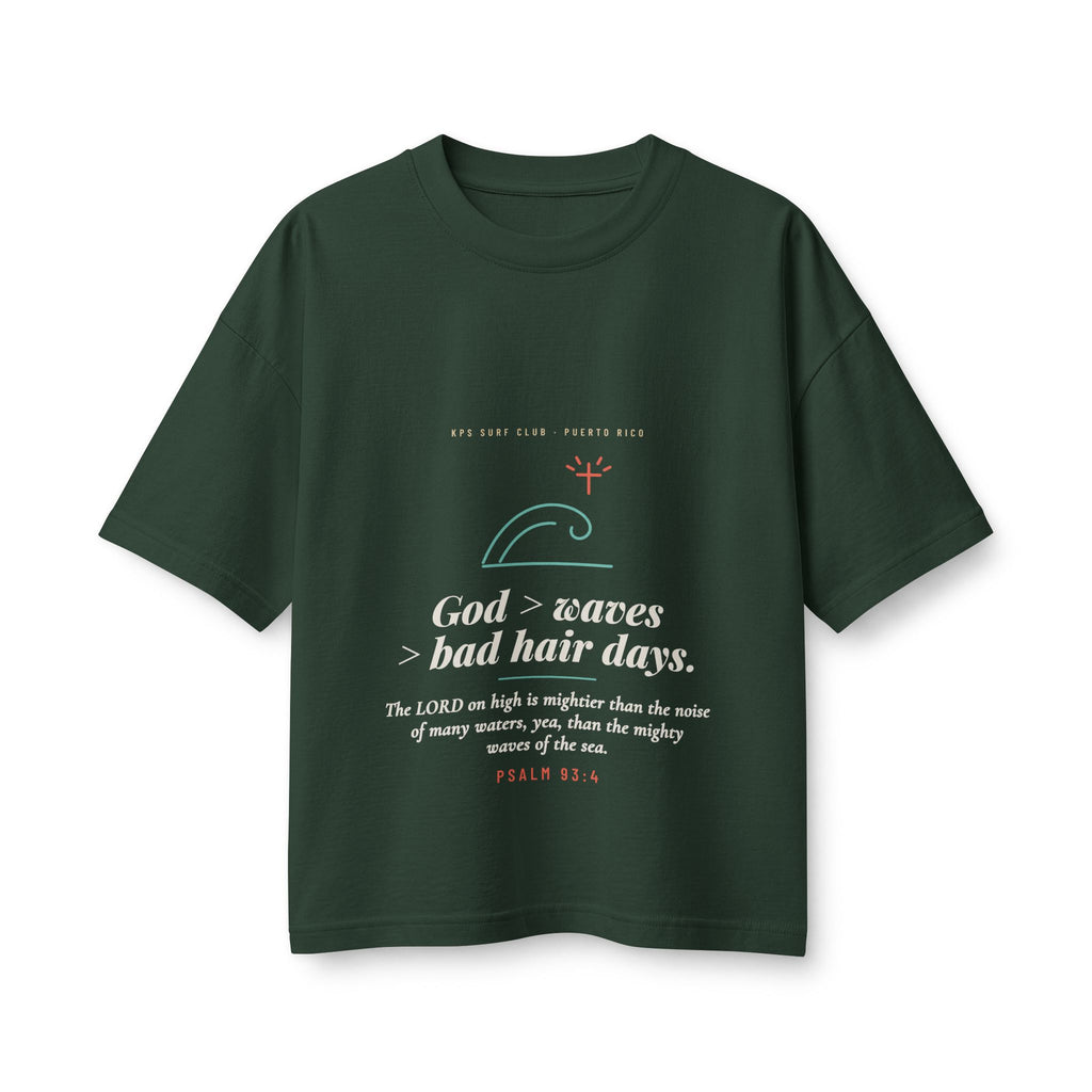 God > Waves > Bad Hair Days Women's Boxy Tee, Forest, front view, GOD > WAVES > BAD HAIR DAYS. Psalm 93:4 (KJV)