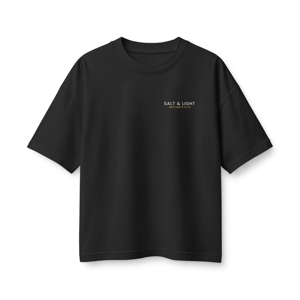 Salt & Light Women's Boxy Tee, Vintage Black, front view, small chest print, SALT & LIGHT., Matthew 5:13–14 (KJV)