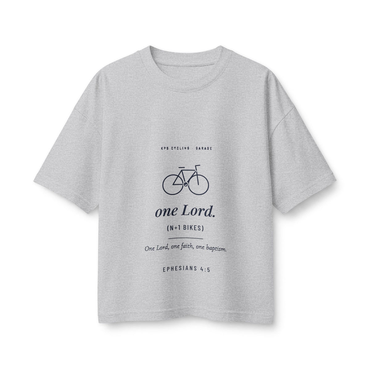 One Lord N+1 Bikes Women's Boxy Tee, Athletic Heather, front view, ONE LORD. (N+1 BIKES.) Ephesians 4:5 (KJV)