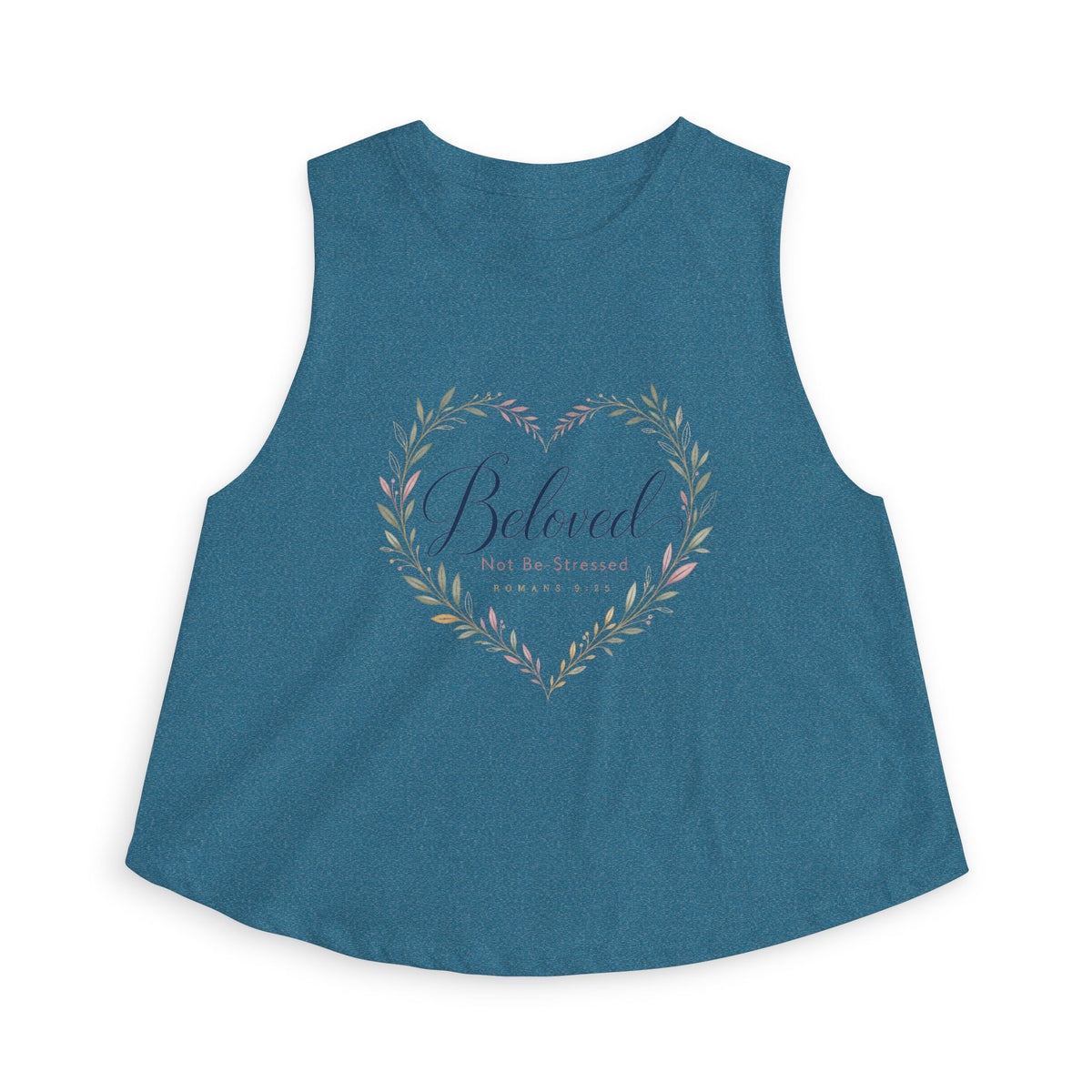 Beloved Crop Tank, crop tank top, Heather Deep Teal, front view, BELOVED. NOT BE-STRESSED., Romans 9:25 (KJV)