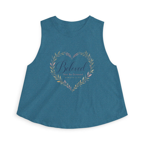 Beloved Crop Tank, crop tank top, Heather Deep Teal, front view, BELOVED. NOT BE-STRESSED., Romans 9:25 (KJV)