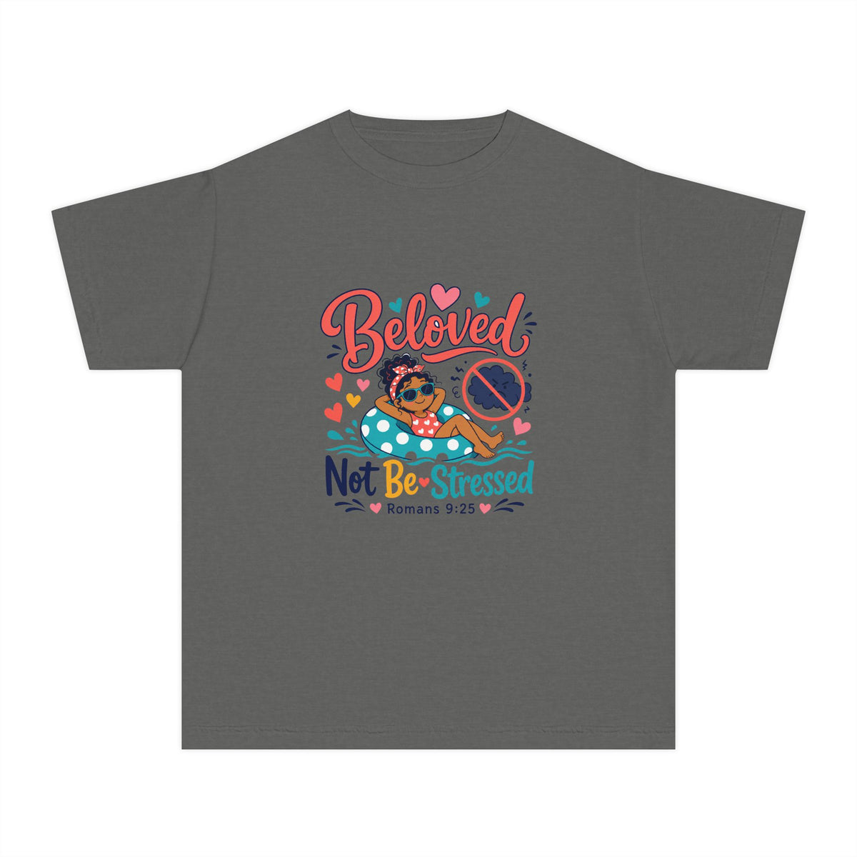 Beloved Youth Tee, kids' t-shirt, Pepper, front view, BELOVED. NOT BE-STRESSED., Romans 9:25 (KJV)