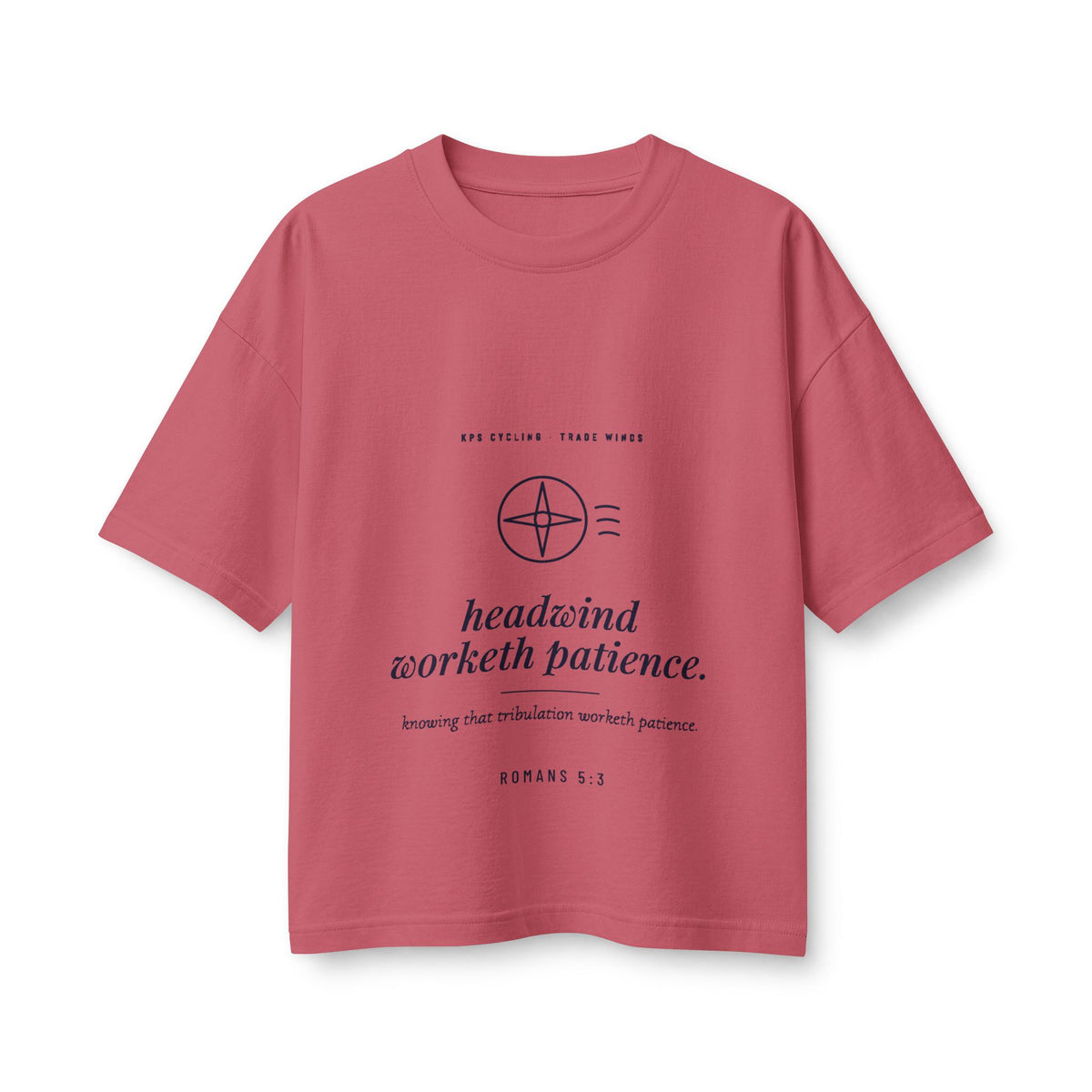 Headwind Worketh Patience Women's Boxy Tee, Vintage Red, front view, HEADWIND WORKETH PATIENCE. Romans 5:3 (KJV)