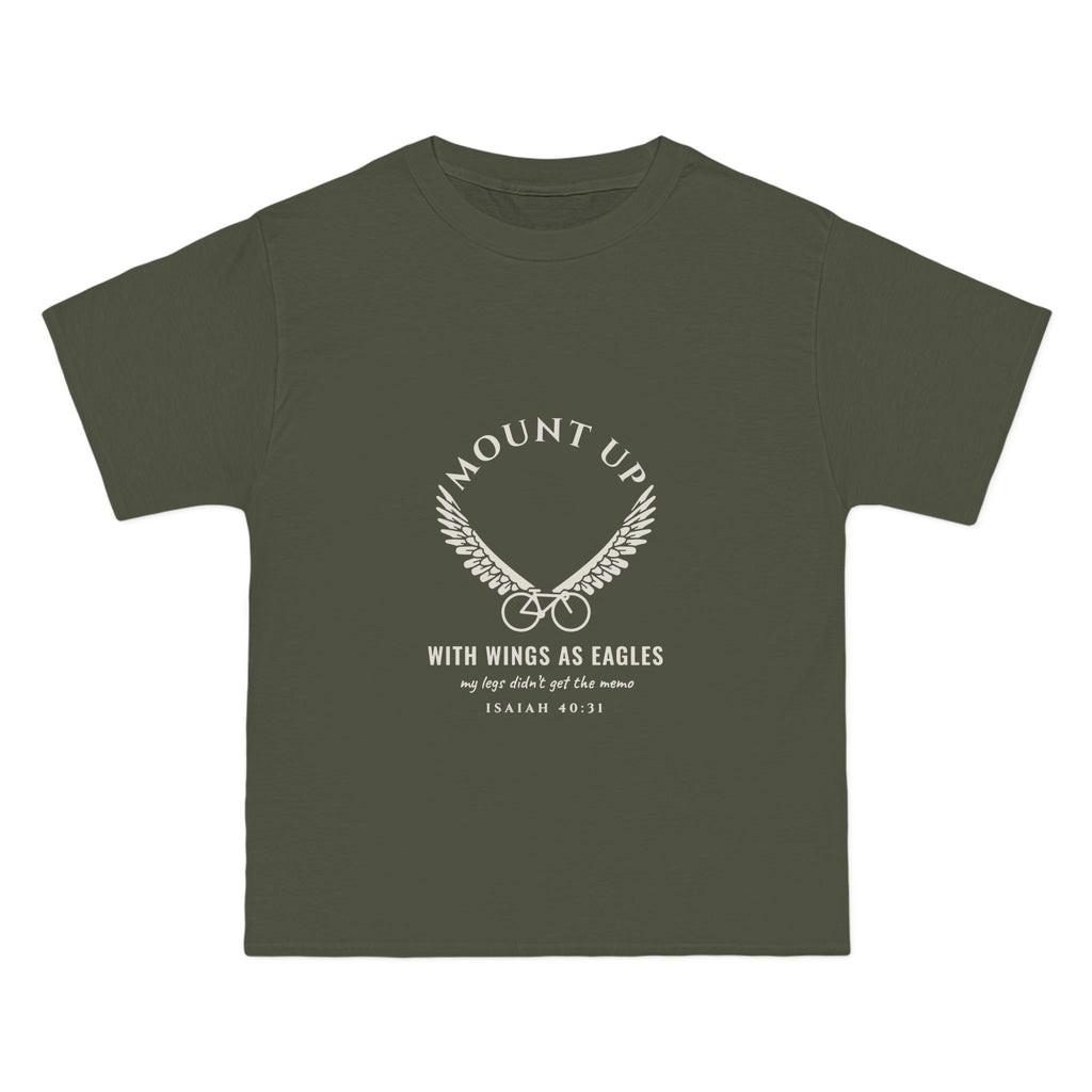 Mount Up (My Legs Didn't Get the Memo) Cycling Tee, Fatigue Green, front view, MOUNT UP. (MY LEGS DIDN'T GET THE MEMO.) Isaiah 40:31 (KJV)