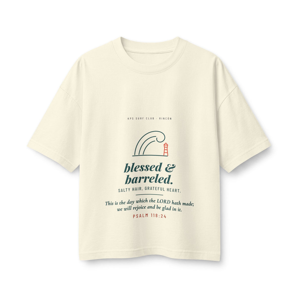 Blessed & Barreled Women's Boxy Tee, Natural, front view, BLESSED & BARRELED. SALTY HAIR, GRATEFUL HEART. Psalm 118:24 (KJV)