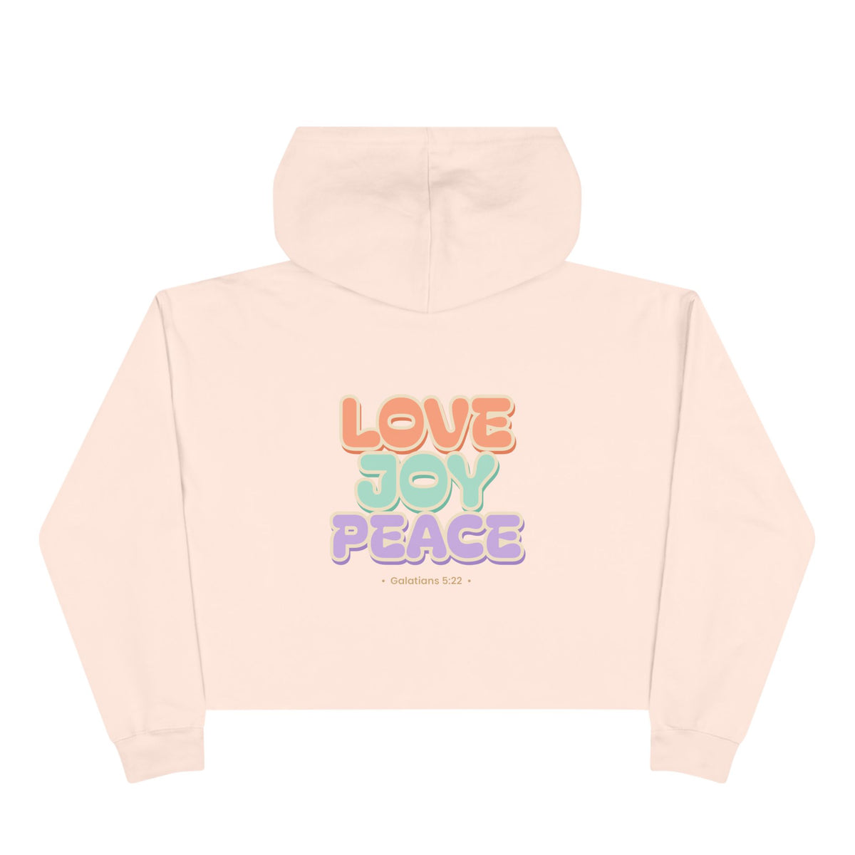 Love Joy Peace Crop Hoodie, crop hoodie, Pale Pink, back view, LOVE. JOY. PEACE., Galatians 5:22 (KJV)