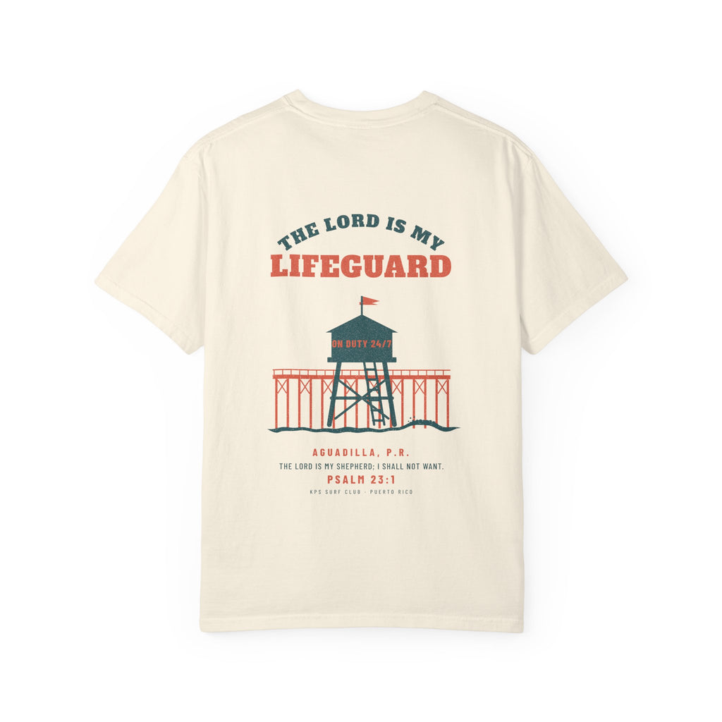 The Lord Is My Lifeguard Surf Tee, Ivory, back view, THE LORD IS MY LIFEGUARD. Psalm 23:1 (KJV)