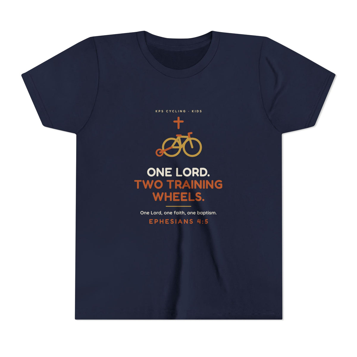 One Lord, Two Training Wheels Youth Tee, Navy, front view, ONE LORD. TWO TRAINING WHEELS. Ephesians 4:5 (KJV)