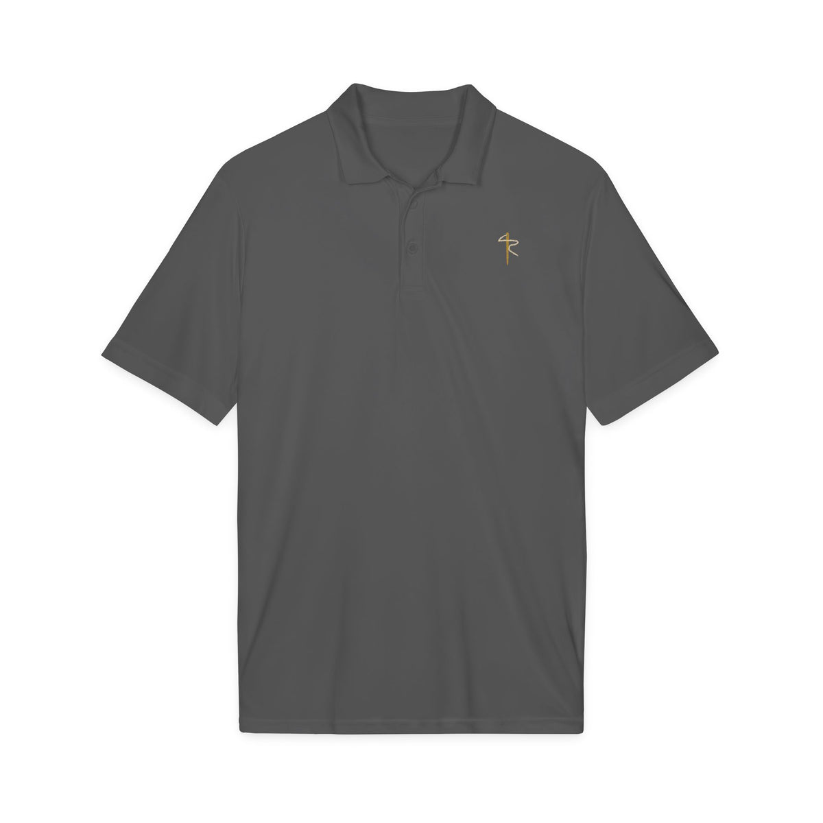 Embroidered Gold Cross Polo, polo shirt, Iron Grey, front view, THE CROSS., Galatians 6:14 (KJV)