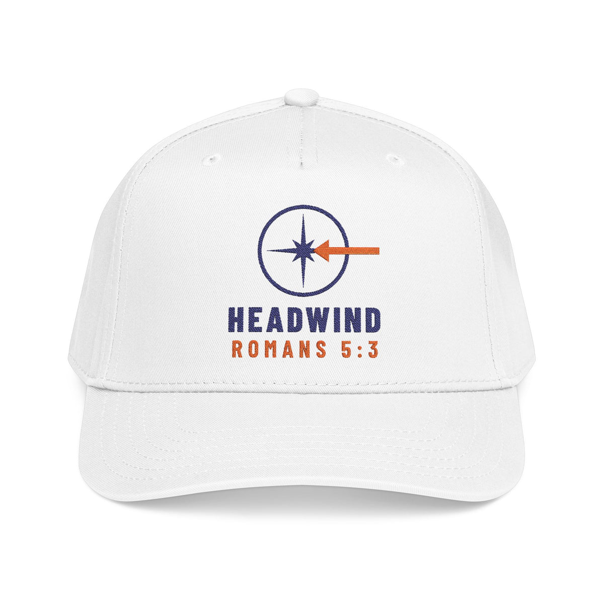 Headwind Compass Cap, White, front view, HEADWIND WORKETH PATIENCE. Romans 5:3 (KJV)