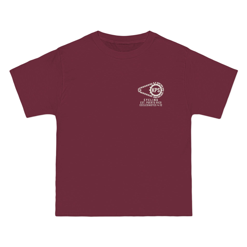KPS Cycling Club Tee, Maroon, front view, KPS CYCLING CLUB. Ecclesiastes 4:12 (KJV)