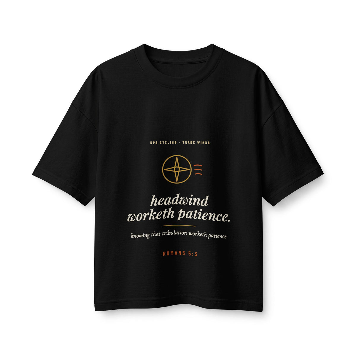 Headwind Worketh Patience Women's Boxy Tee, Black, front view, HEADWIND WORKETH PATIENCE. Romans 5:3 (KJV)