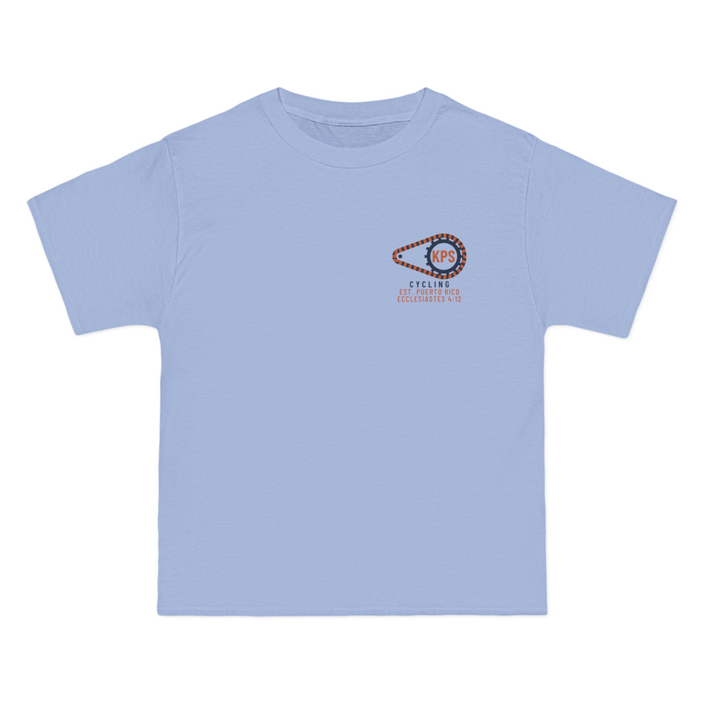 KPS Cycling Club Tee, Light Blue, front view, KPS CYCLING CLUB. Ecclesiastes 4:12 (KJV)