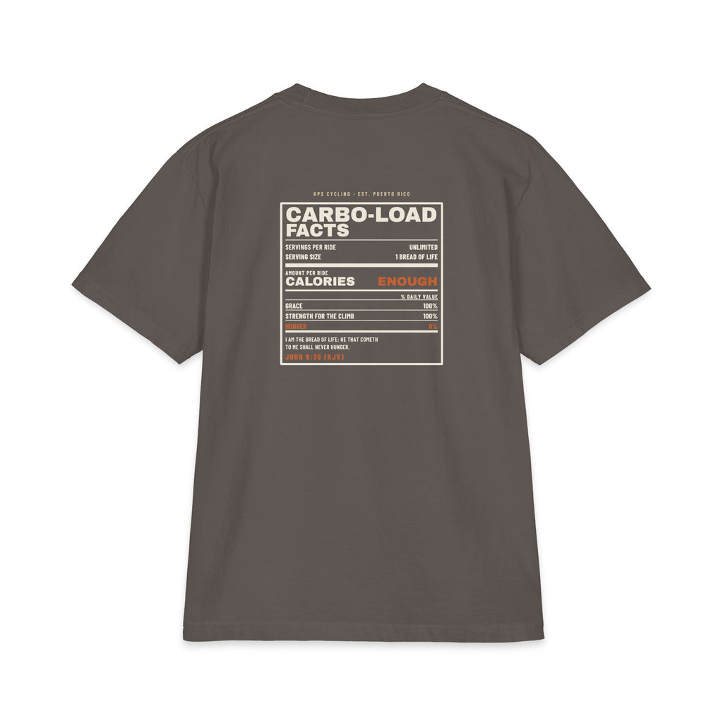 Carbo-Load Facts Cycling Tee, Dark Grey, back view, CARBO-LOAD FACTS. John 6:35 (KJV)
