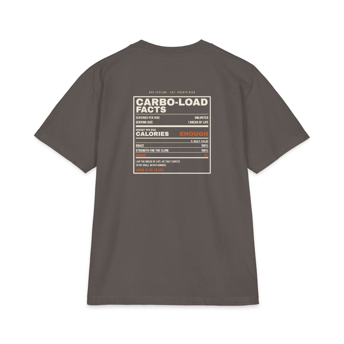 Carbo-Load Facts Cycling Tee, Dark Grey, back view, CARBO-LOAD FACTS. John 6:35 (KJV)