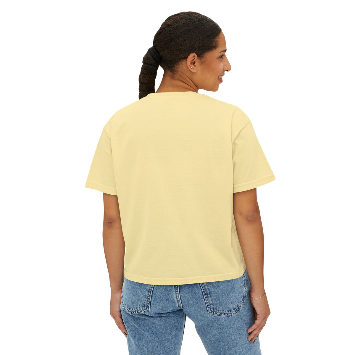 His Way Is Better Crop Tee, crop t-shirt, Butter, back view, worn by a woman, HIS WAY IS BETTER., Isaiah 55:9 (KJV)