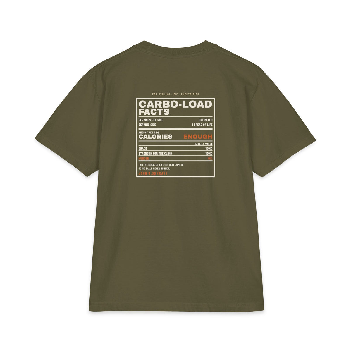 Carbo-Load Facts Cycling Tee, Hunter Green, back view, CARBO-LOAD FACTS. John 6:35 (KJV)