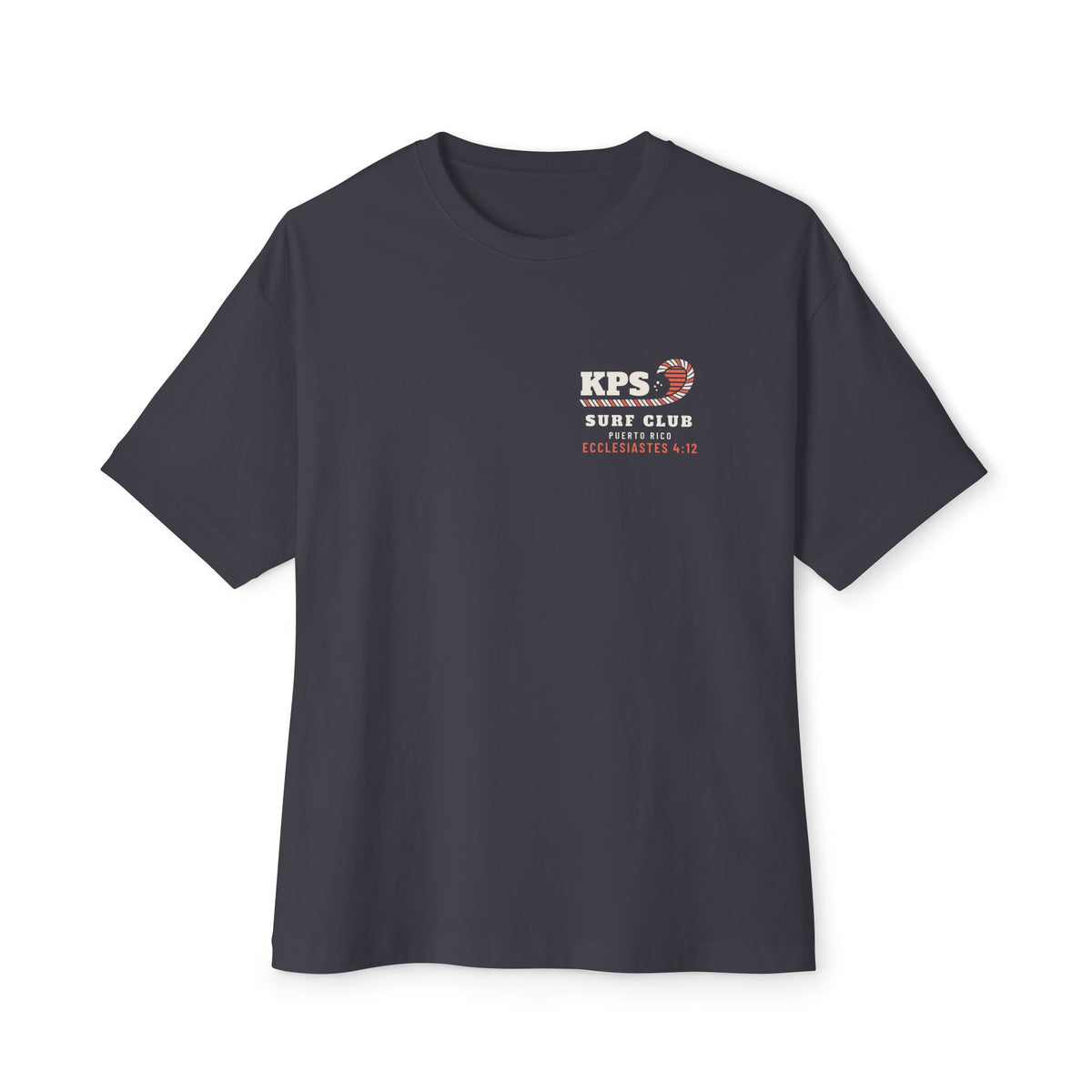Dawn Patrol Surf Tee, Dark Grey, front view, DAWN PATROL. (COFFEE OPTIONAL. REJOICING REQUIRED.) Psalm 118:24 (KJV)
