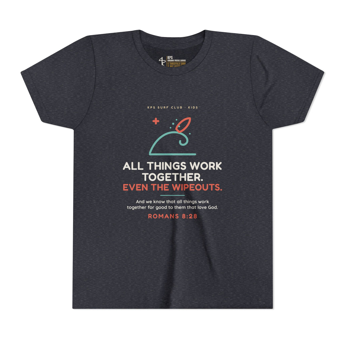 All Things Work Together (Even the Wipeouts) Youth Tee, Heather Navy, front view, ALL THINGS WORK TOGETHER. EVEN THE WIPEOUTS., Romans 8:28 (KJV)