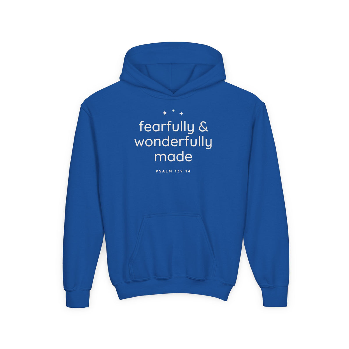Fearfully & Wonderfully Made Youth Hoodie, youth hoodie, Royal, front view, FEARFULLY & WONDERFULLY MADE., Psalm 139:14 (KJV)