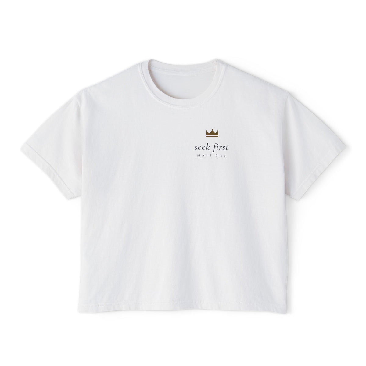 Seek First Minimal Crop Tee, t-shirt, White, front view, SEEK FIRST., Matthew 6:33 (KJV)