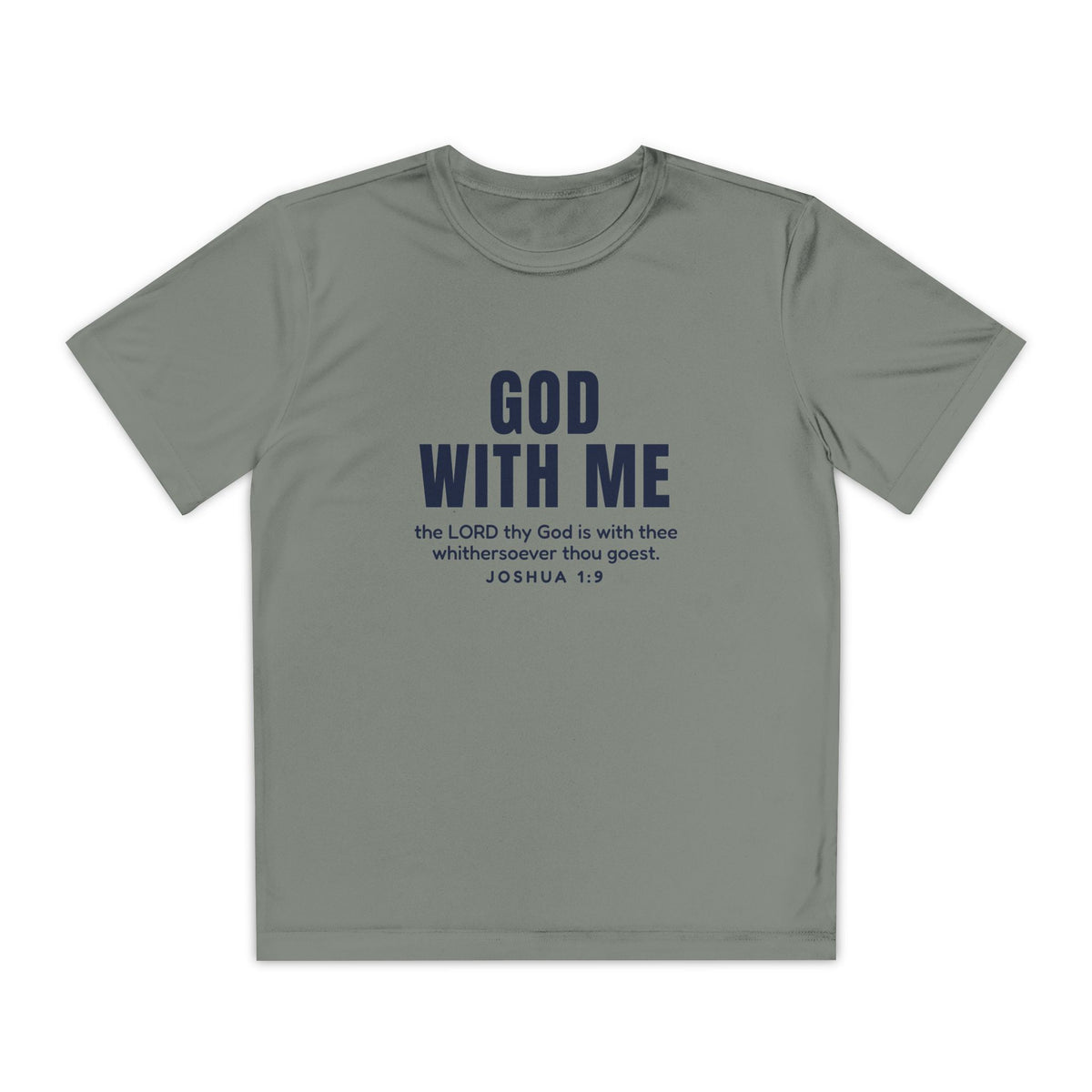 God With Me Youth Tee, youth tee, Grey Concrete, front view, GOD WITH ME front with 'the LORD thy God is with thee whithersoever thou goest', Joshua 1:9 (KJV)