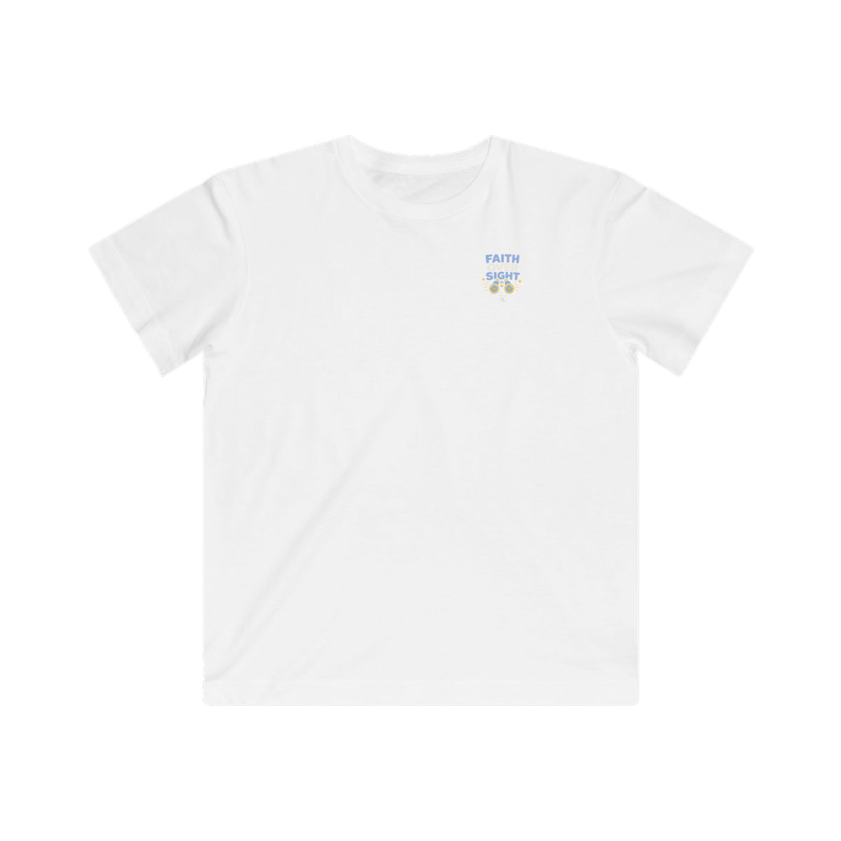 Faith Over Sight Kids Tee, kids' t-shirt, White, front view, FAITH OVER SIGHT., 2 Corinthians 5:7 (KJV)