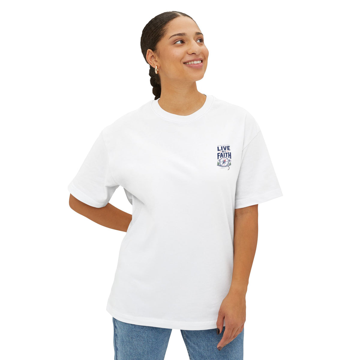Live by Faith Compass Tee, t-shirt, White, front view, worn by a woman, LIVE BY FAITH., Romans 1:17 (KJV)