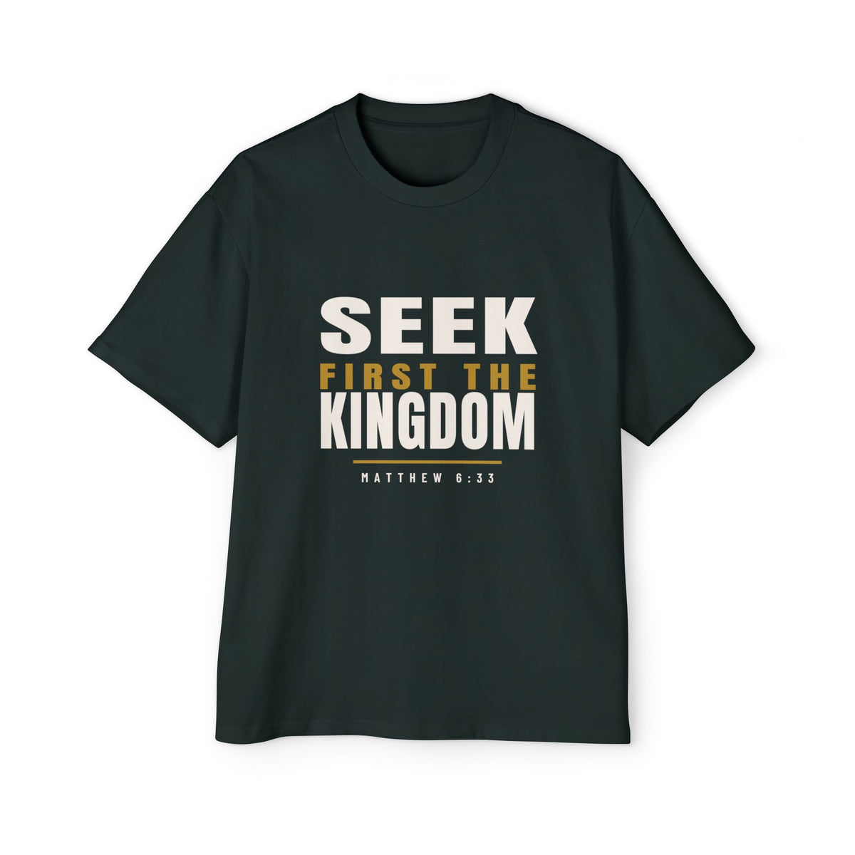 Seek First Block Oversized Tee, t-shirt, Pine Green, front view, SEEK FIRST., Matthew 6:33 (KJV)