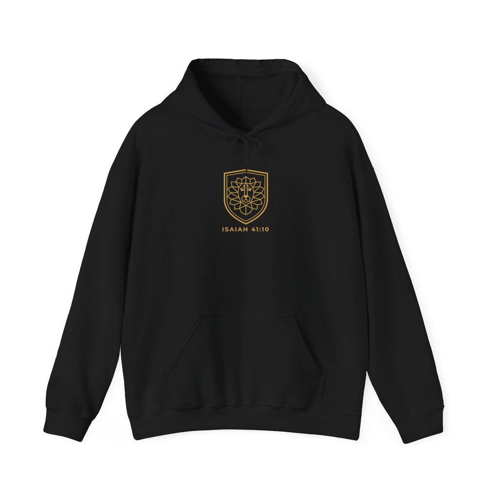 Fear Not Lion Hoodie, hoodie, Black, front view, small chest mark, FEAR NOT., Isaiah 41:10 (KJV)