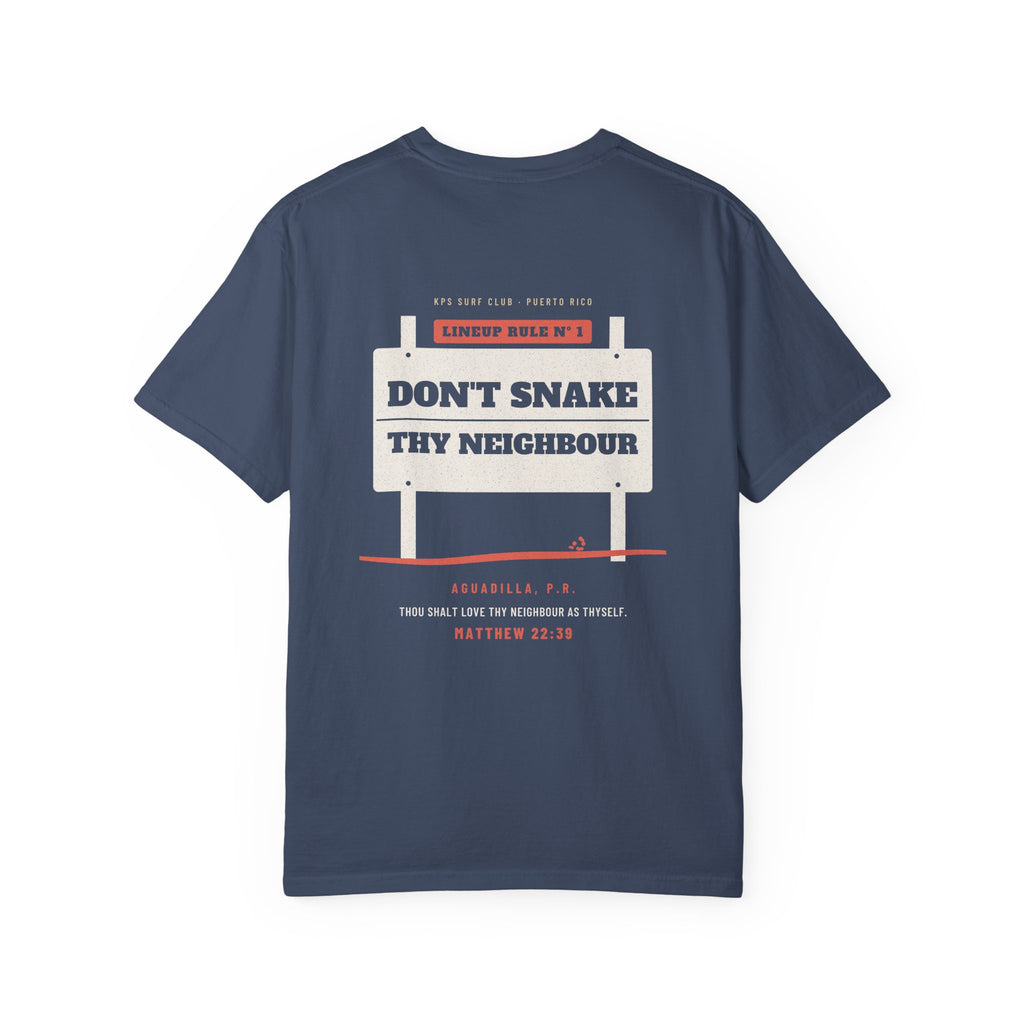 Don't Snake Thy Neighbour Surf Tee, Midnight, back view, DON'T SNAKE THY NEIGHBOUR. Matthew 22:39 (KJV)
