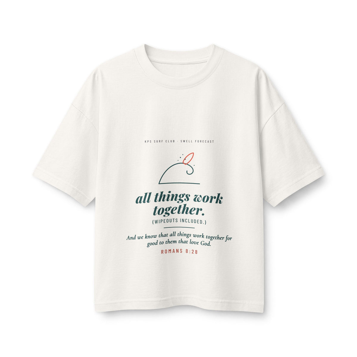 All Things Work Together Women's Boxy Tee, Vintage White, front view, ALL THINGS WORK TOGETHER. (WIPEOUTS INCLUDED.) Romans 8:28 (KJV)