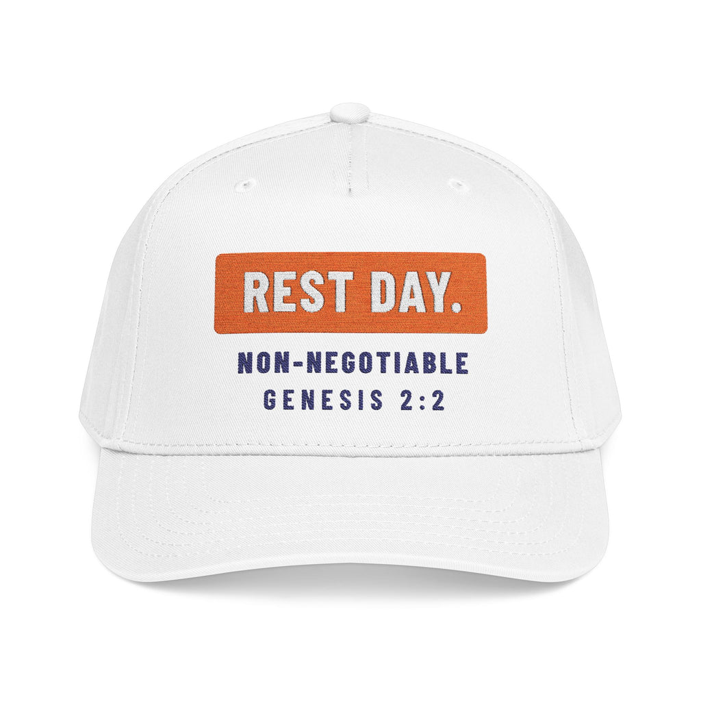 Rest Day Cap, White, front view, REST DAY. NON-NEGOTIABLE. Genesis 2:2 (KJV)